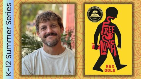 Split image of the author on one side and his book on the other. 