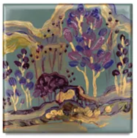 Painted ceramic tile with purple and white trees and a landscape painted on it.