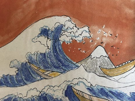 The Great Wave drawn with brown and blue water color and pastels.