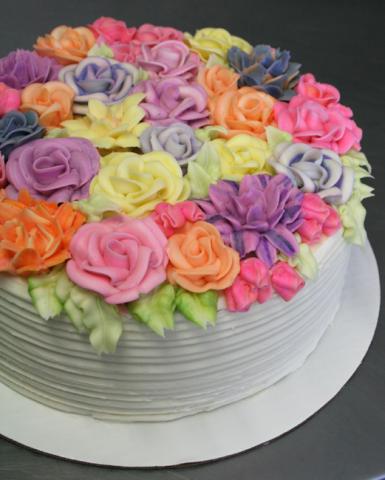 Image of a cake with colorful buttercream flowers