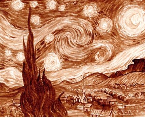 Image of Vincent Van Gogh's Starry Night painted on a canvas using just coffee and water so the image is brown and white