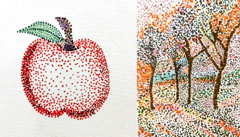 Image of the drawings featuring colored dots that put close together create the image of an apple and summer trees.