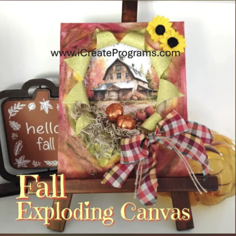 Image of the craft featuring an overlay of paper on a canvas pealed back to reveal a farmhouse autumn themed picture. 