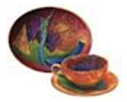 Mostly orange, but multicolored teacup and plate side by side over a white background.