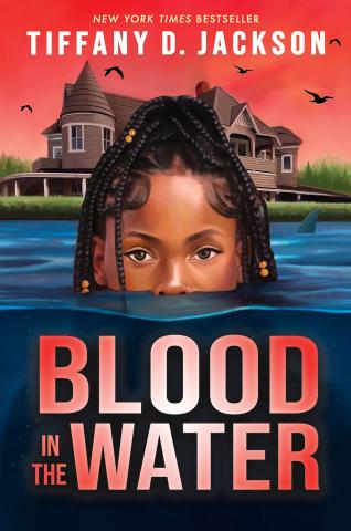 Blood in the Water book by Tiffany Jackson, the cover featuring a black girl's face peering over blue water, with a house and a red sunset behind her. Half of her face is submerged, and the title, written in a red gradient, looms below.