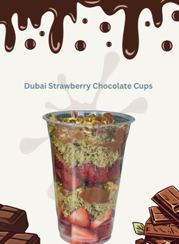 Dubai chocolate strawberry cup on a graphic with chocolate in the bottom corners.