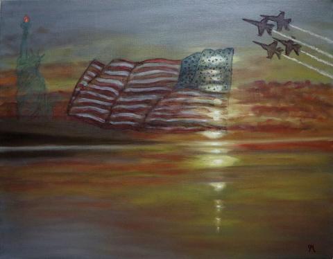 Acrylic painting featuring a sunset sky and an image of the American flag and fighter jets flying in formation
