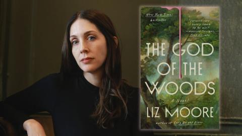 Split image of the author on one side and her book on the other. 