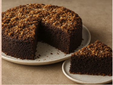 Picture of a chocolate cake with a slice taken out of it. 