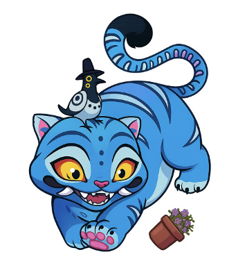 Derpy from K-Pop demon hunters with the bird on his head, knocking over a potted plant. Cartoon style.