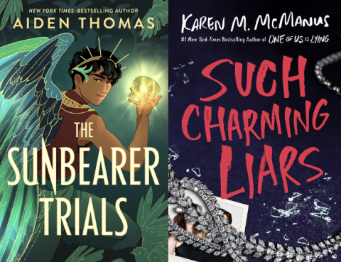 Two books side by side, the Sunbearer Trials by Aiden Thomas on the left, and Such Charming Liars by Karen M. McManus on the right.