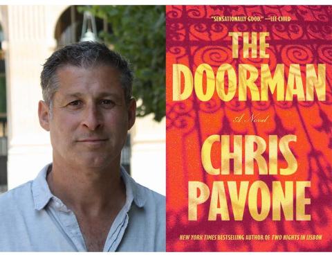 Split image of the author on one side and his book on the other. 