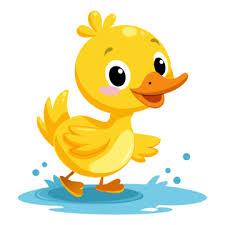 clipart image of a yellow duck in a puddle of water. 