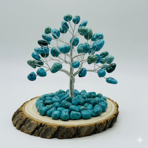 Image of the craft featuring a tree made with wire with turquoise stones as the leaves.