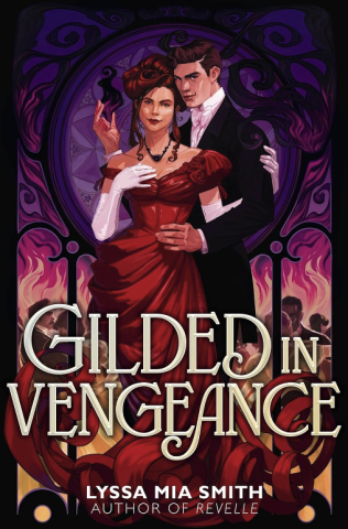 Gilded in Vengeance Book Cover by Lyssa Mia Smith, featuring a woman in a red dress and white gloves holding a man in a suit.