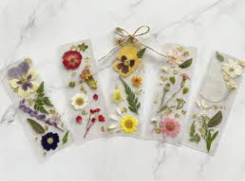 Five clear bookmarks with flowers pressed into them, potentially made of resin, with a brown ribbon on the middle one.