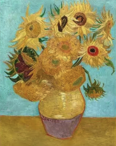 Van Gogh's sunflowers painting, featuring yellow painted sunflowers in a golden vase over a turquoise backgground.