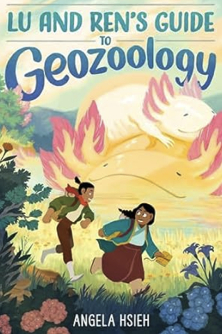 Book cover of Lu and Ren's Guide to Geozoology, featuring two characters walking through a grass field full of flowers and plants, with two huge axolotl-like creatures in the background in front of a pastel sunset.