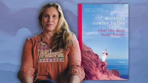 Split image of the author on one side and her book on the other. 