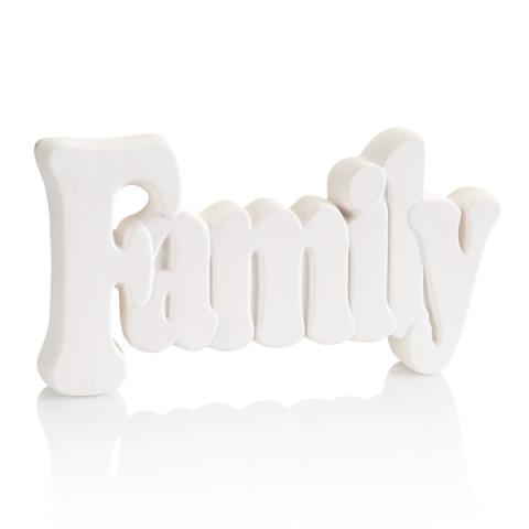 Image of a ceramic sign that spells out the word family.
