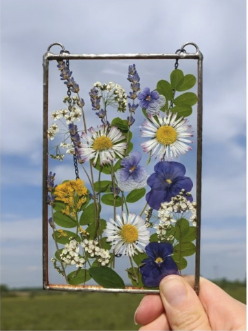 Image of the craft featuring pressed flowers between glass. 