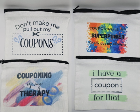 4 coupon cases with different colors and phrases on them, such as one with scissors that says "Don't make me pull out my COUPONS" and one that says "i have a coupon for that"