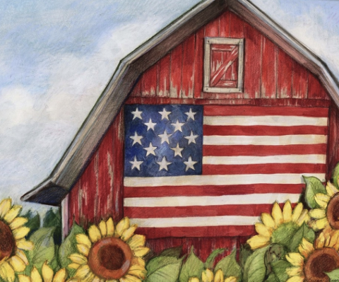 Painting of a barn with the American flag on it and sunflowers in front.