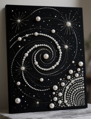 A black canvas with pearls on it in a spiral galaxy shape.