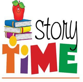 Clip art. Story time written out. Stack of books on the side with a red apple on top of the books