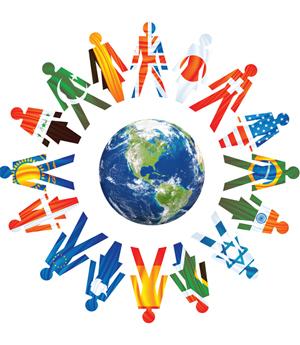 Clipart image of planet earth in the middle surrounded by silhouette figures joining hands and on the silhouettes, are faint images of all different flags of many nations. 