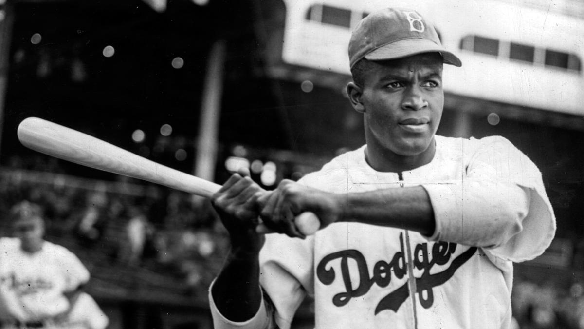Photograph of Jackie Robinson up at bat. 