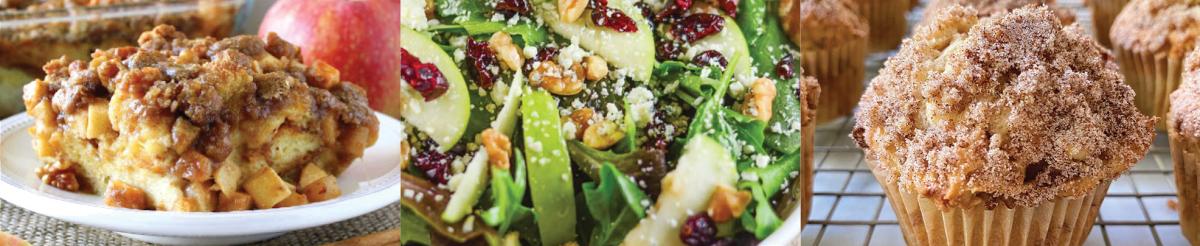 Image of the baked french toast casserole, apple arugula salad and apple pie muffins