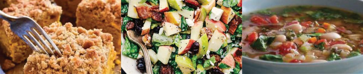 Image of harvest pumpkin crumb cake, chopped fall salad and garden vegetable soup.