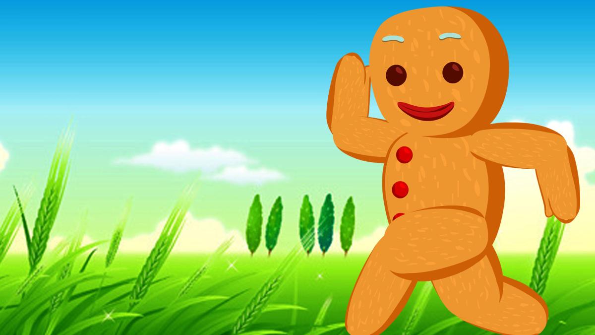 Cartoon image of a gingerbread man running. 