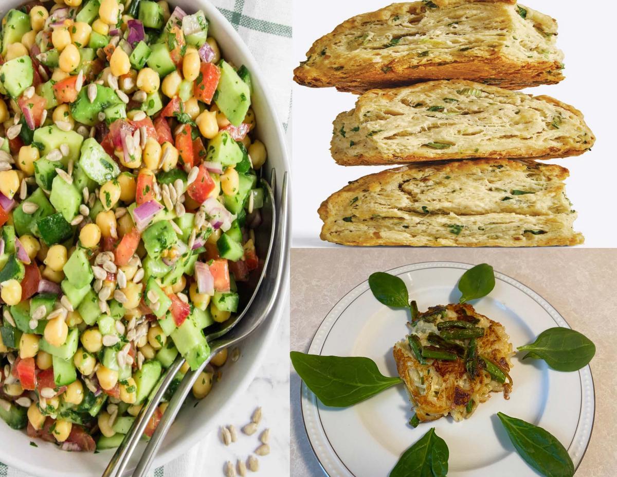 Collage of 3 plates of food featuring the dishes that will be prepared in the program.