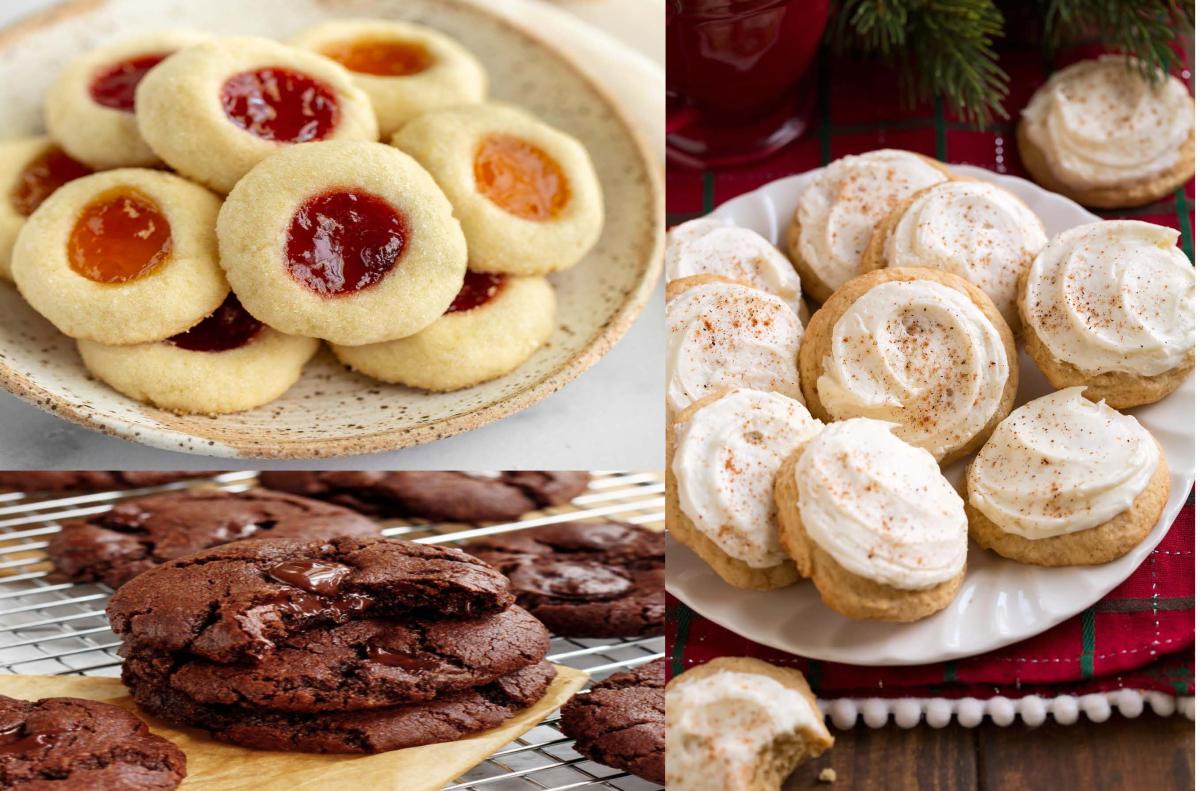 3 plates of different holiday cookies.