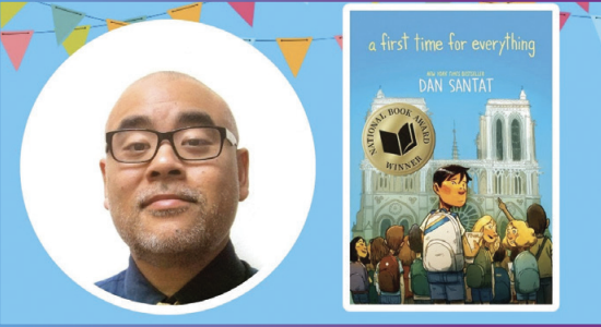 Headshot of Dan Sanat next to his graphic novel on the right, over a blue background.