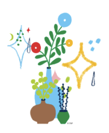 Three vases, one brown, one blue, and one green with flowers and sparkles.