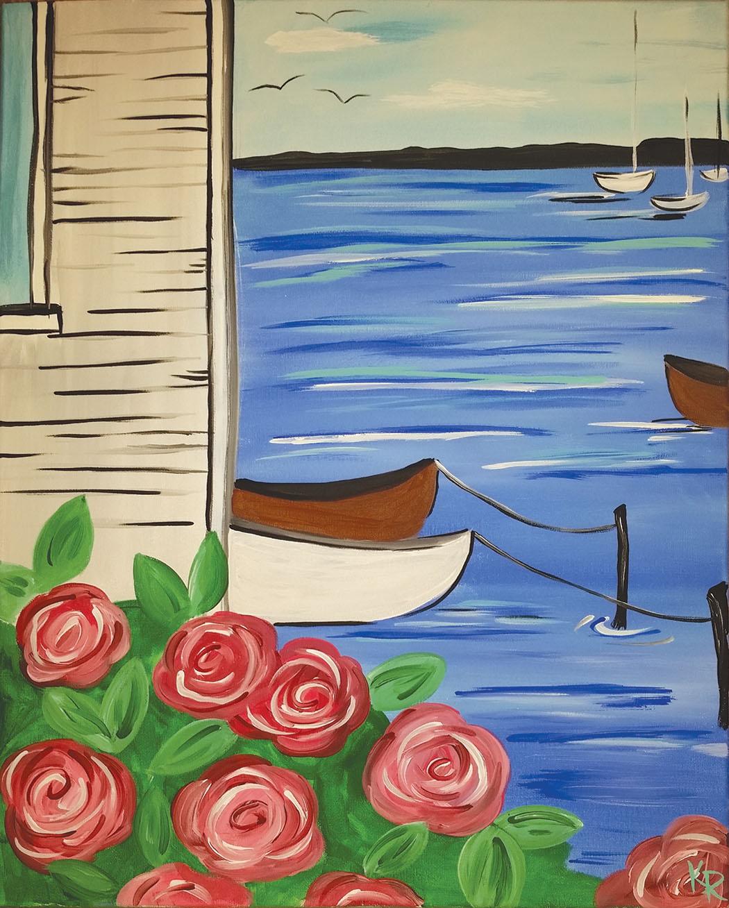Image of the craft. Painted canvas with a water and boat scene. 