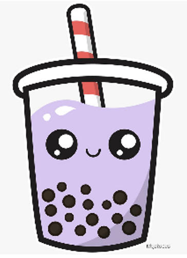 Cute purple boba tea in chibi style with sparkly eyes and a white and red striped straw.