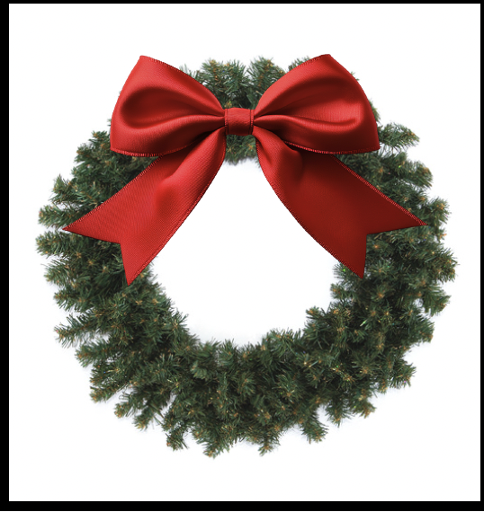 Image of craft featuring a green pine wreath with a red bow.