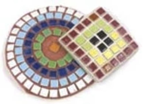 Two mosaic tiles, one circular, and one smaller square, atop a white background.