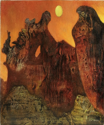 Max Ernst artwork, featuring an orange sky and cliff faces.