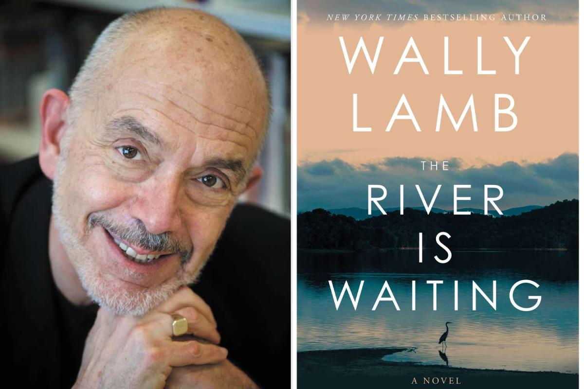 Split image of the author on one side and his book on the other. 