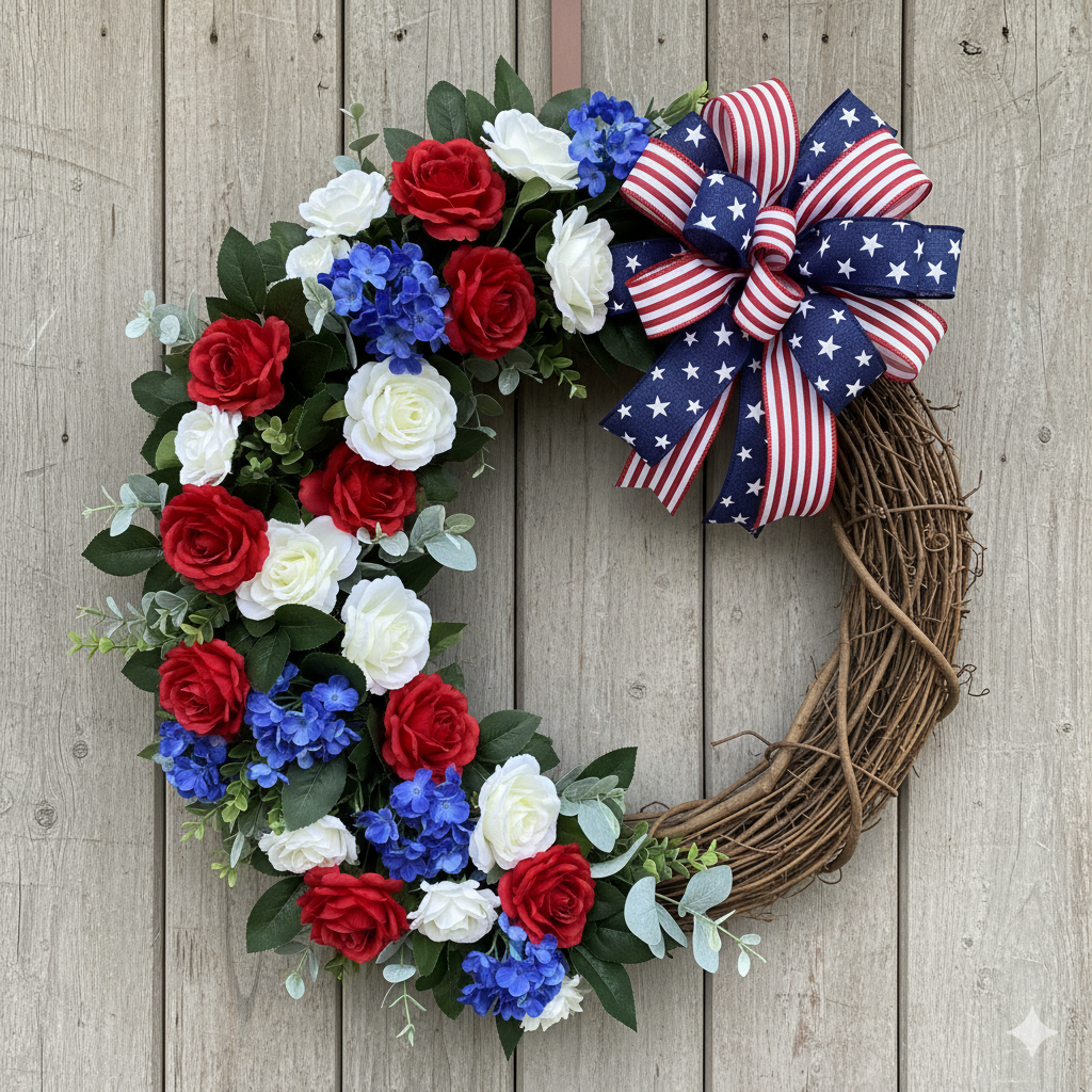 Image of the craft featuring a twisted vine wreath with red, white and blue flowers and bows.