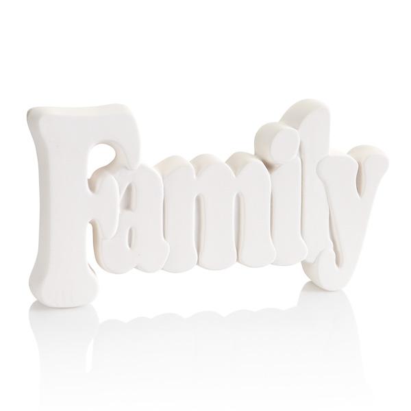 Image of a ceramic sign that spells out the word family.