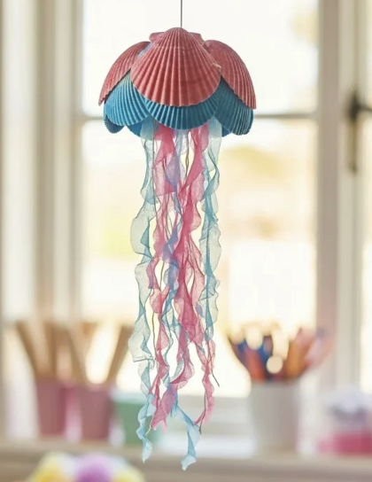 A pink and blue jellyfish hanger.